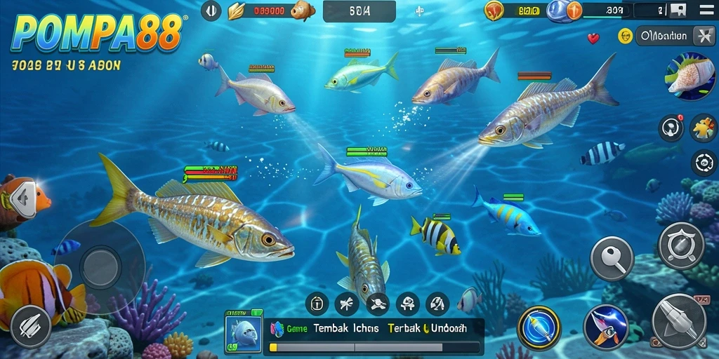 Screenshot POMPA88 menampilkan aksi seru dalam tembak ikan.