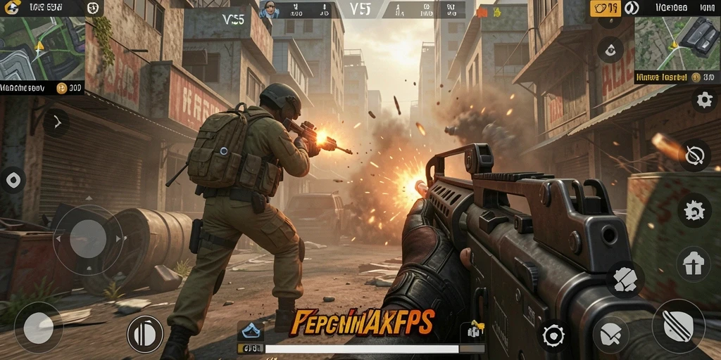 Tangkapan layar menunjukkan aksi mendebarkan dalam gameplay FPS VC55.
